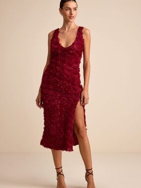 Lulus Aniston Wine Red Rosette Sleeveless Midi Dress - Size L